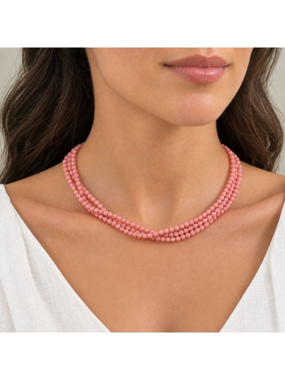 Sterling Silver 3-Strand Torsade Necklace, 16" Pink Gemstone Beaded Choker, 925